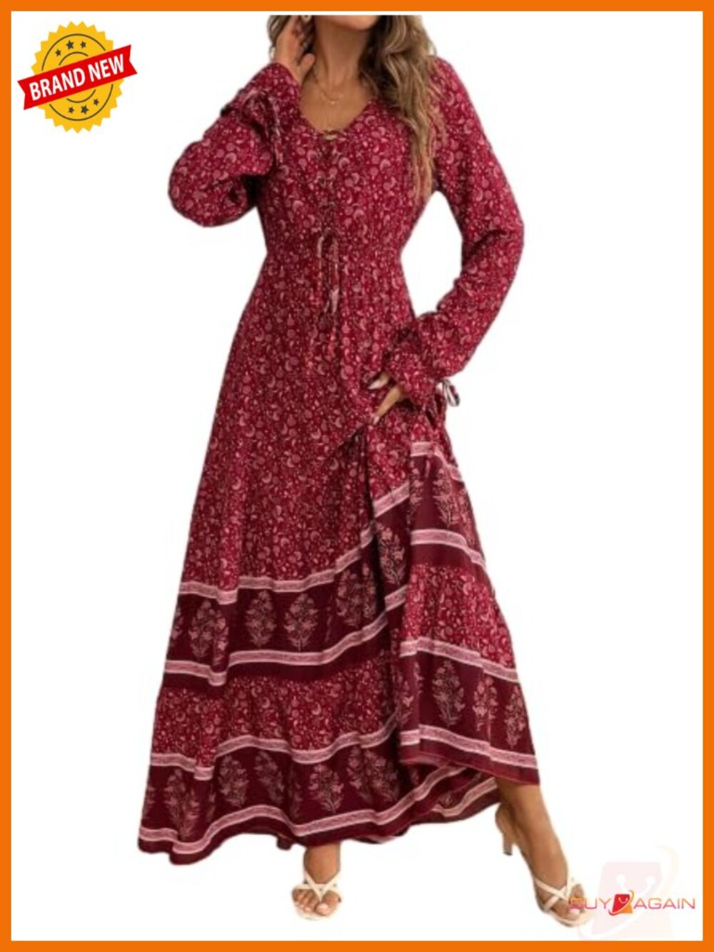 Boho Floral Maxi Dress V Neck Long Sleeve A-Line Fall Vacation